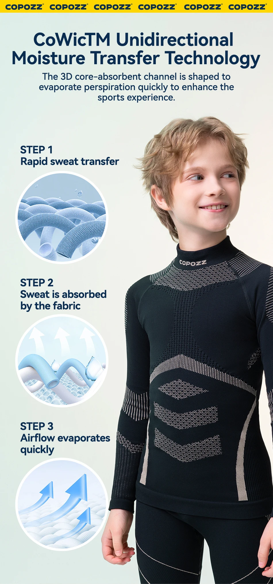 COPOZZ Nahtloses Ski-Thermo-Unterwäsche-Set für Kinder, Schweißkompression, für Jungen und Mädchen, Outdoor-Sport-Trainingsanzug, schnell trocknend, atmungsaktiv – Detail 3