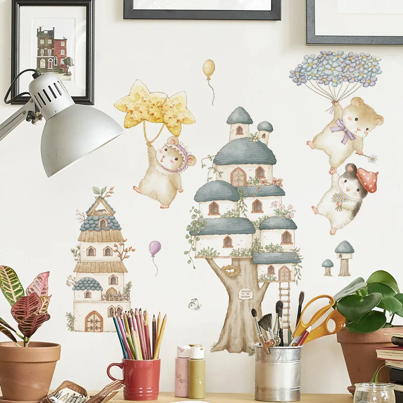 Cartoon Wall Sticker For Children Hamster Flower Pot Plant PVC Room Decor Stickers Home Accessories Self-Adhesive Wallpaper