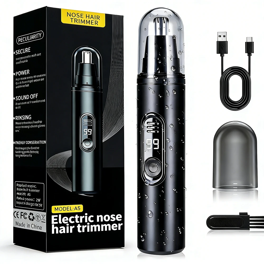 

Portable Mini Nose Hair Cutter Unisex Nose Ears Hair Eyebrow Waterproof LCD Power Display Silent Design Skin-friendly USB