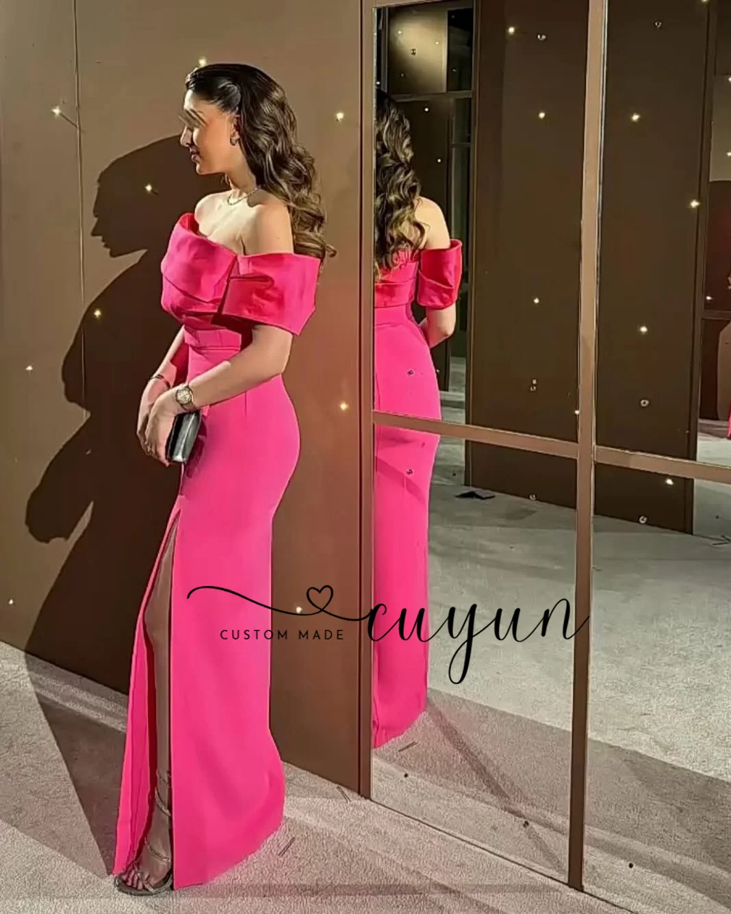 CUYUN Suknia Wieczorowa na Zamówienie, Fuksjowa, z Odkrytymi Ramionami, Satynowa, Krój Syreny, Bez Pleców, Sukienka na Bal, Długa do Podłogi