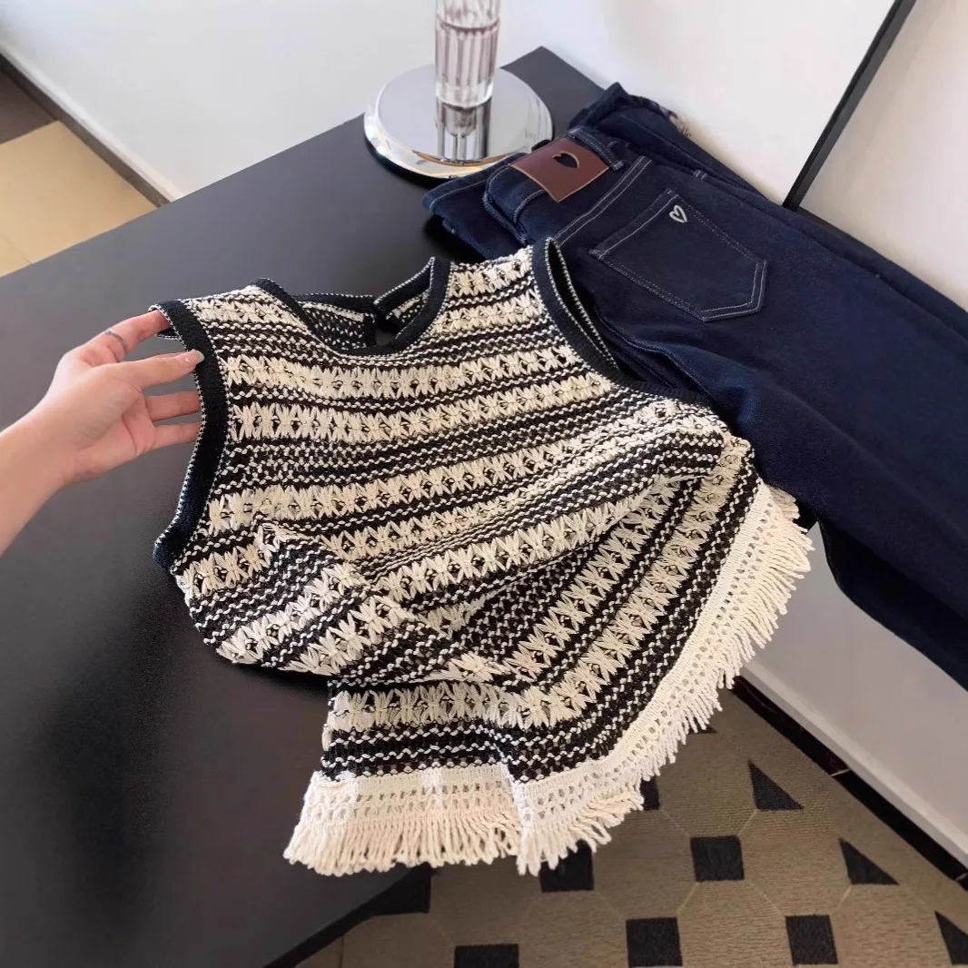 Women Retro Striped Crochet Knit Tank Top Round Neck Fringe Hem Sleeveless Crop Vest Hollow Out Knitted Casual Layering Camisole