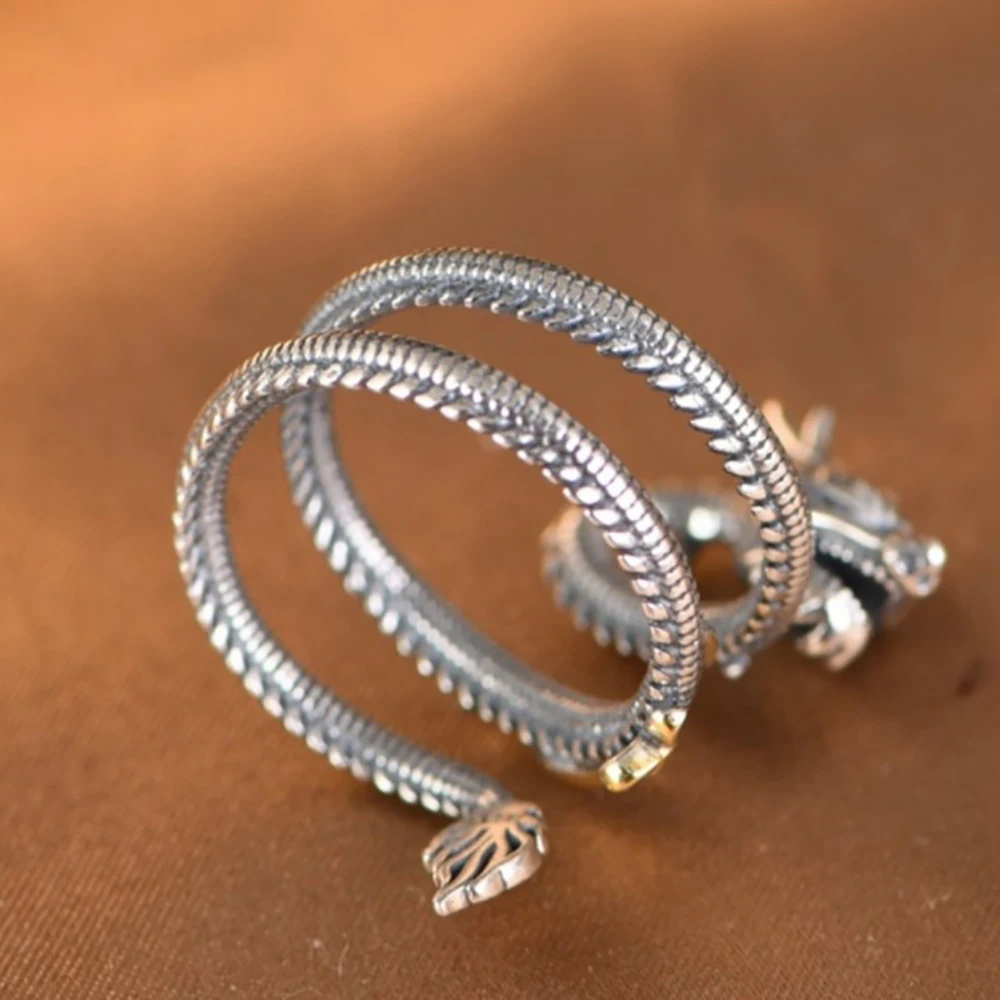 925Silver Dragon Rings Gothic Punk Style Spiral Pterosaur Adjustable Rings Men Party Vintage Jewelry Accessories Gifts