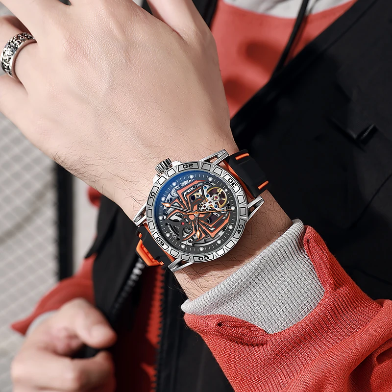 Dlunwe Automatic Watch For Men Fashion Luxury Red Spider Luminous Dial Hollow Tourbillon Mechanical Wristwatches 30M Waterproof