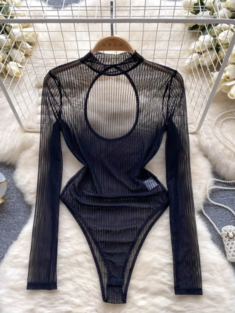 Autumn new sexy see through mesh long sleeved slim fit versatile heart machine hollowed out backless desig nbodysuit