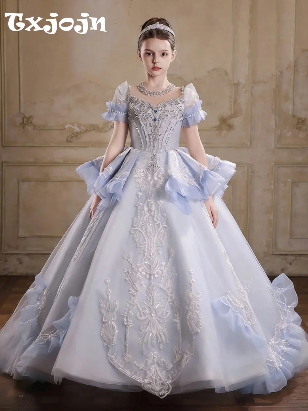 Exquisite Delicate Lace Appliques Girls Dresses For Communion Pageant Sweet Elegant Puff Sleeve Kids Princess Gown Wedding  Wear