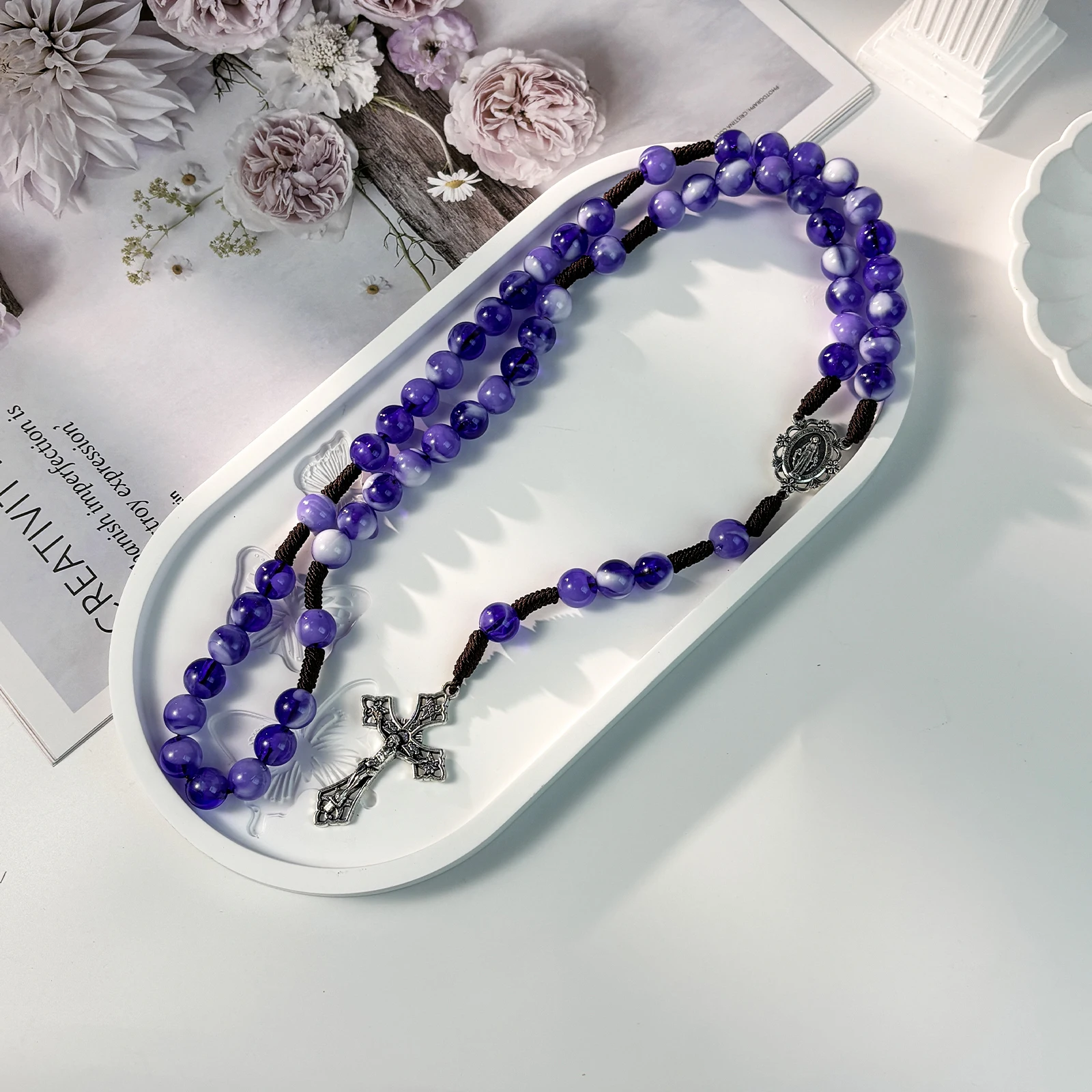 Purple Beads Catholic Rosary Necklace with Cross Pendant, Handcrafted Jewelry for Women's Prayer Necklace, Spiritual Gifts