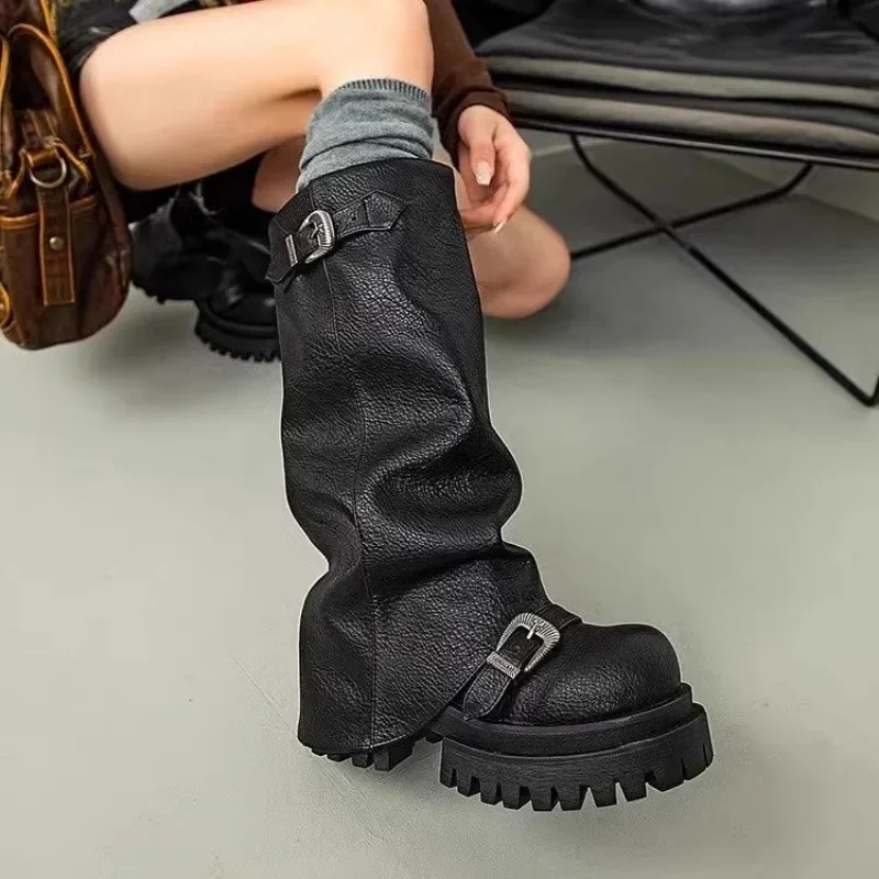 

Platform Chunky Women High Boots Fad Buckle Leather Mid Heels Shoes Trend Designer Knee High Mortorcycle 2025 Winter Botas Mujer