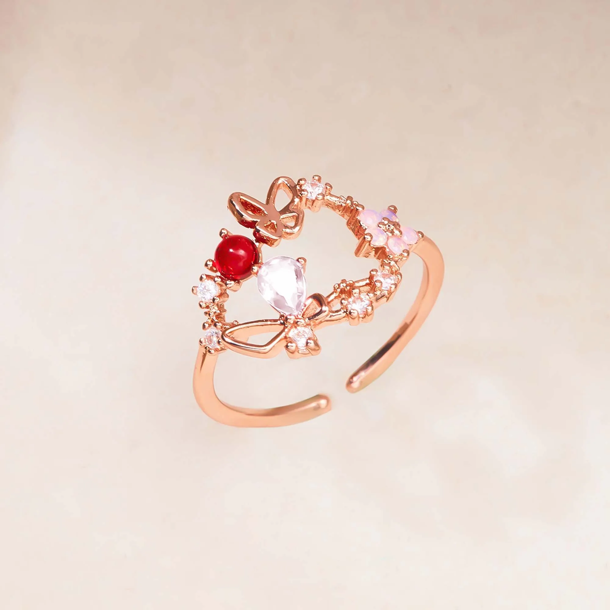 Delicate Crystal Zircon Rings for Women Sweet Flower Leaf Butterfly Adjustable Open Rings Wedding Engagement Jewelry Gift