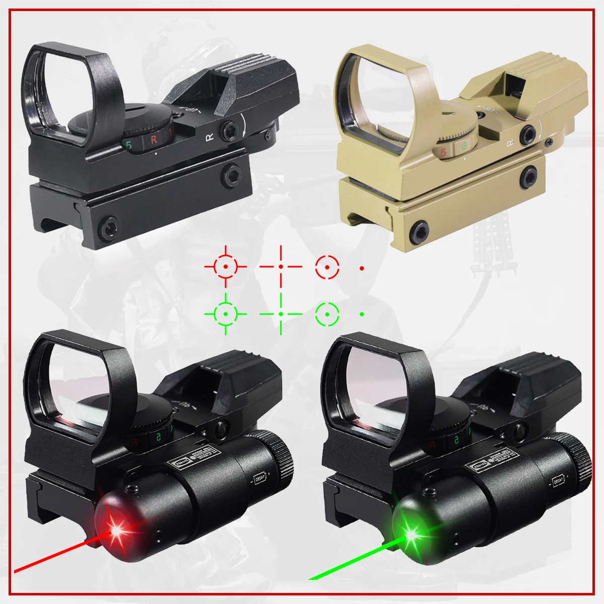 1x22x33 Red Dot Sight with Laser Red Green Dot Hunting Optics Scope Reflex 4 Reticle Tactical Collimator Sight for 20mm Rail