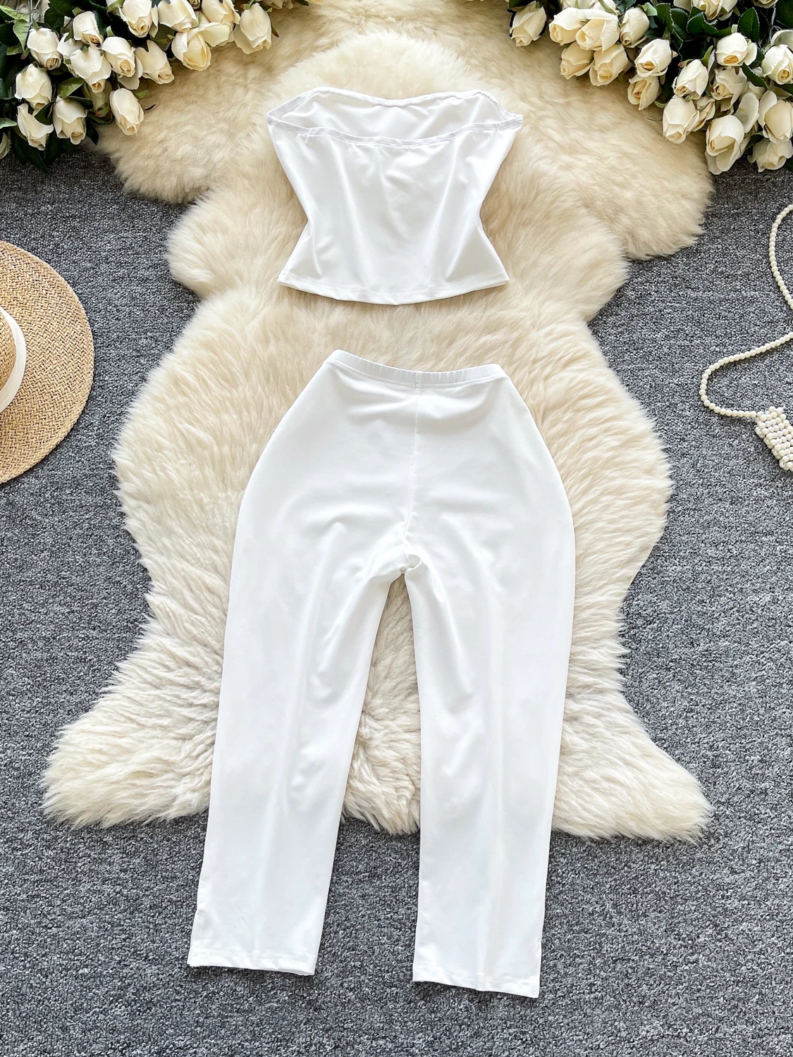 طقم نسائي مثير من قطعتين للتنحيف، موضة صيفية بدون أكمام، توب أنبوبي وبنطلون عالي الخصر، أسلوب كاجوال للتنقل اليومي #2