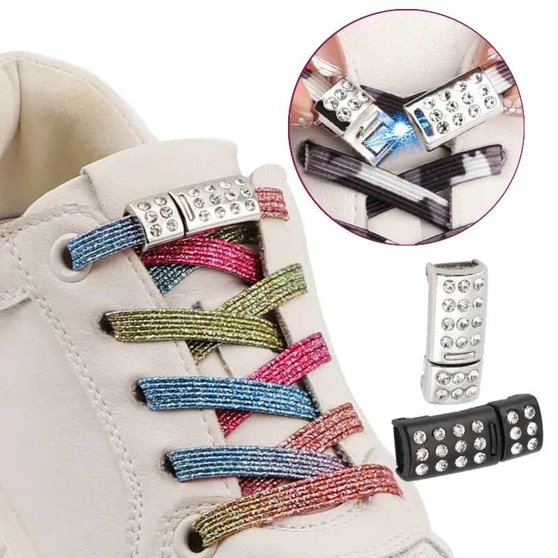 Chiusura magnetica lacci con diamanti senza cravatte arcobaleno elastico piatto Flash Glitter lacci per scarpe Sneakers No Tie lacci delle scarpe bambini adulti