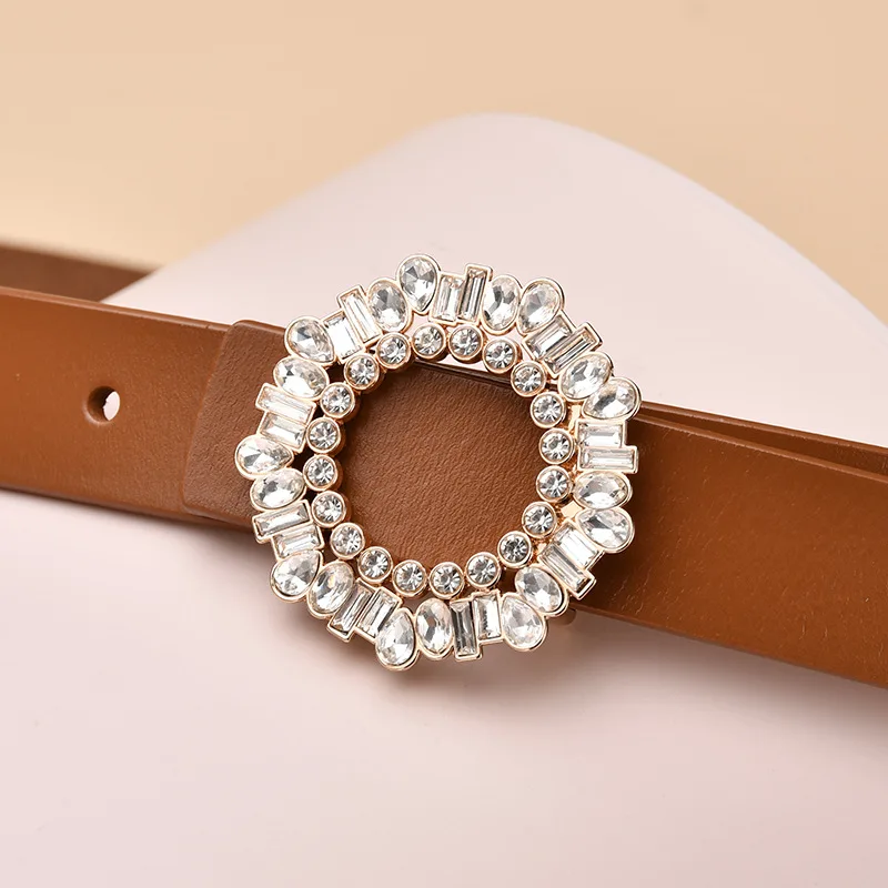 

Women's crystal diamond square buckle genuine leather belt versatile decorative belt