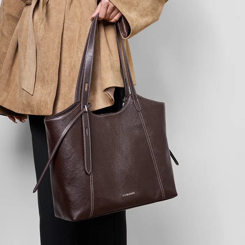 Women Black Genuine Cowhide Leather Tote Bag with Contrast Stitching Adjustable Strap for Daily Work Travel