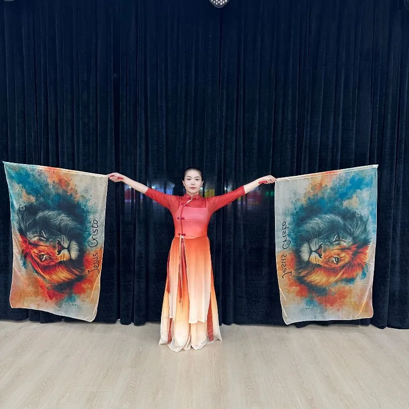 1Pair  Lion Print Praise Flag with Scalable Pole Rectangle Worship Angel Wing for Church Dance Banner Color Chiffon Guard Flags