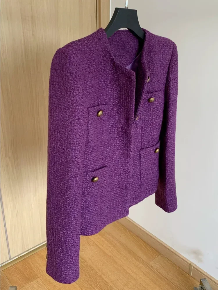 New Vintage Tweed Purple Jacket Women Elegant Long Sleeve Single Breasted Elegant Woolen Coat Korean Fashion Outwear Fall Winter