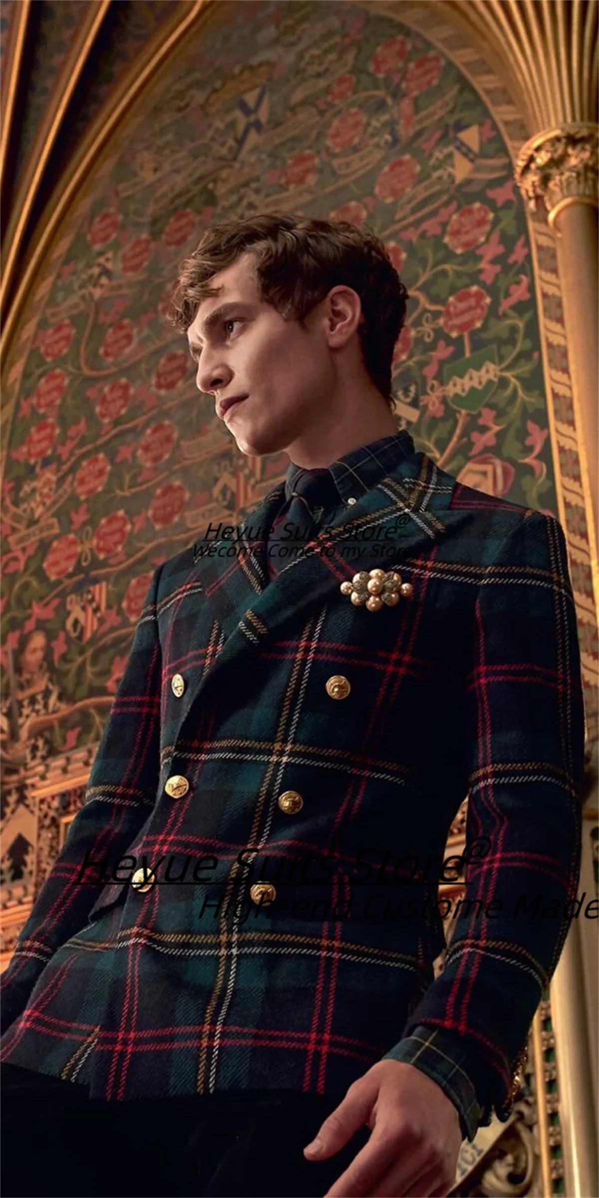 

Classic Plaid Party Men Suits Customized Slim Fit Double Breasted Groom Wedding Tuxedos 2 Pcs Sets Male Prom Blazers Ropa Hombre