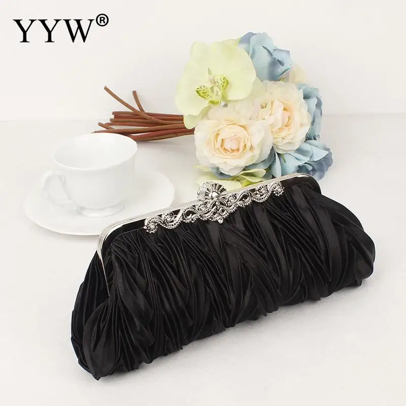 Pleated Satin Rhinestone Clutch Bag Solid Color Women Handbag Bridal Wedding Party Evening Messenger Purse Shoulder Chain Bag