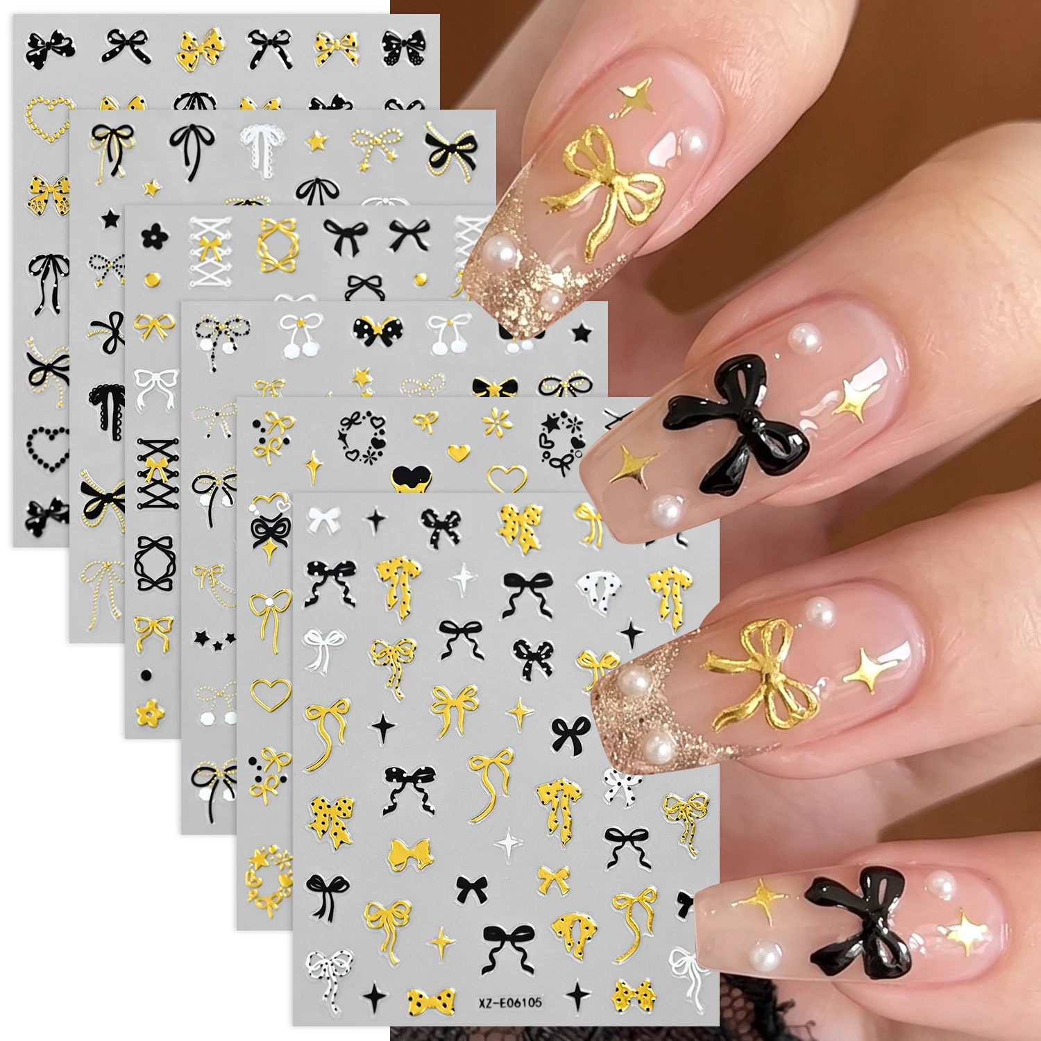 6Pcs Black Gold Multiple Styles Bows Nail Stickers Kawaii Ribbon/Polka/Lace/Ballet Knot Design Nail Decals For DIY Sweet Manicur