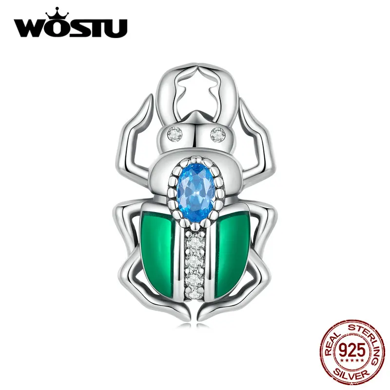 WOSTU 925 Sterling Silver Green Beetle Beads Animal Charms For Women Fit Original Bracelet DIY Necklace Jewelry Making Gift