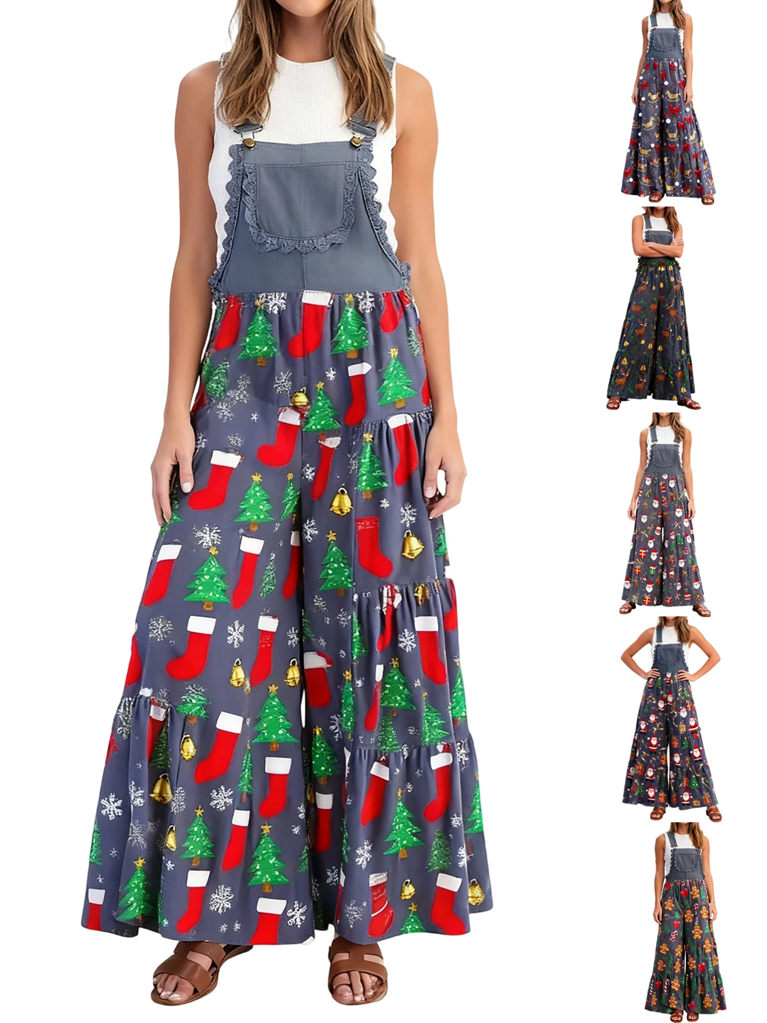 女性用クリスマスジャンプスーツ ノースリーブ レース パッチワーク フェスティブなプリントとワイドレッグオーバーオールでスタイリッシュなホリデー ルックを演出します