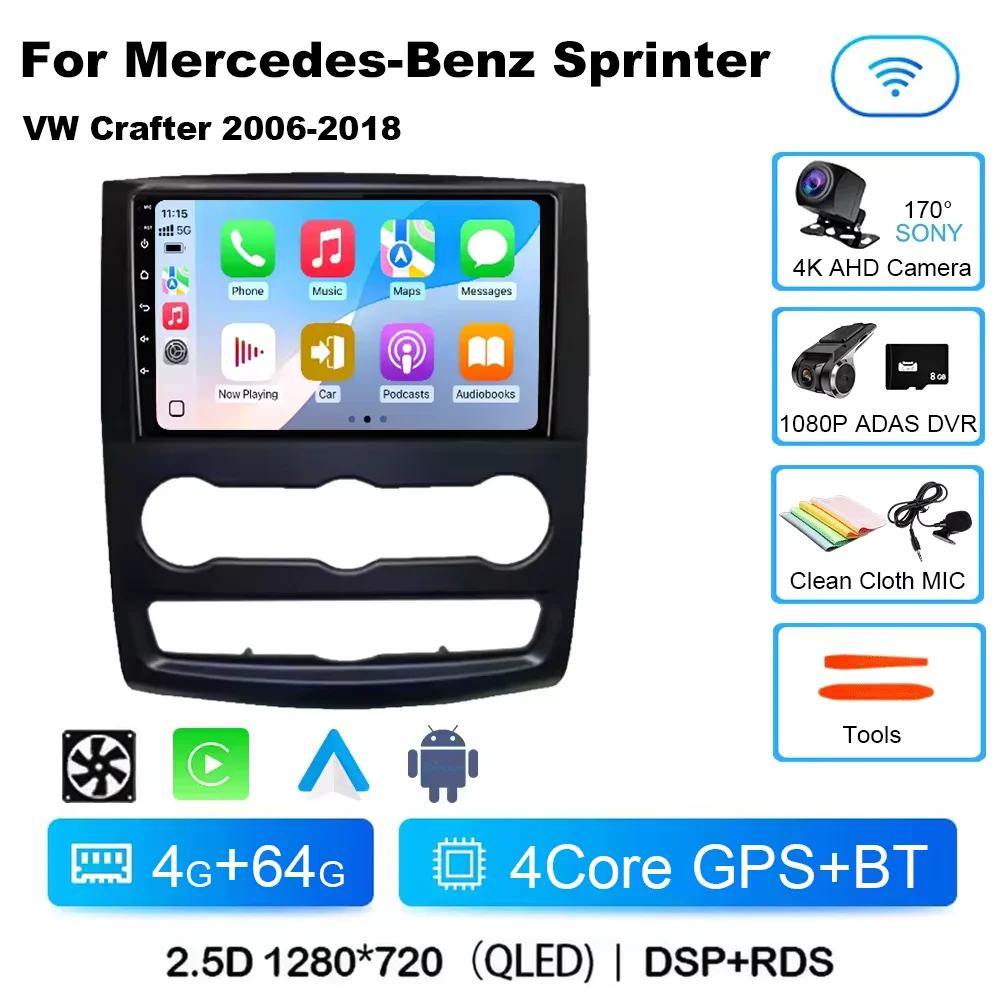 Voor Mercedes-Benz Sprinter W906 VW Crafter 2006-2018 Android 15 Autoradio 2 K QLED Scherm navigatie Draadloze Carplay Auto
