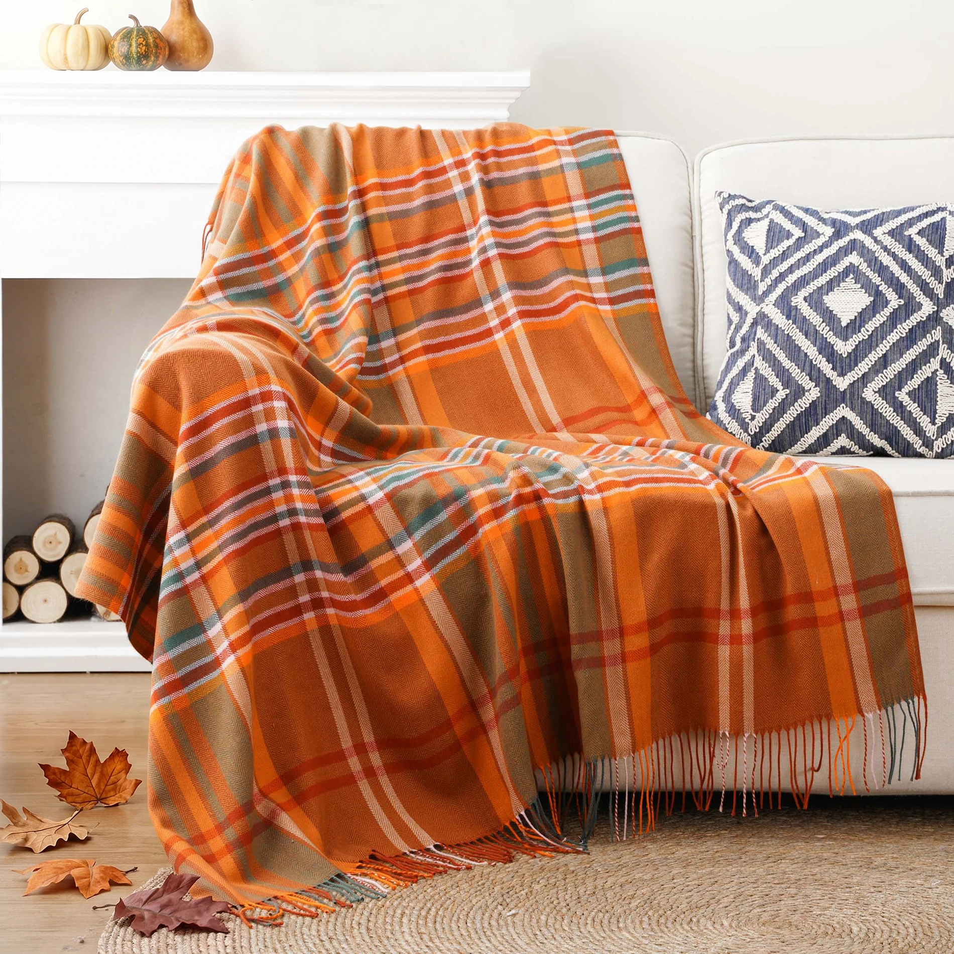 Battilo Plaid Throw Blanket for Couch Orange Lightweight Sofa Blanket Fall Blanket with Tassels Knit Throw for Home Decor