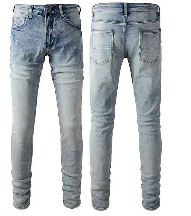 

Men Jeans Denim Pencil Pants Distressed Skinny Folds Pockets Vintage Casual Ankle Length Trousers 2024 Autumn Denims Streetwear
