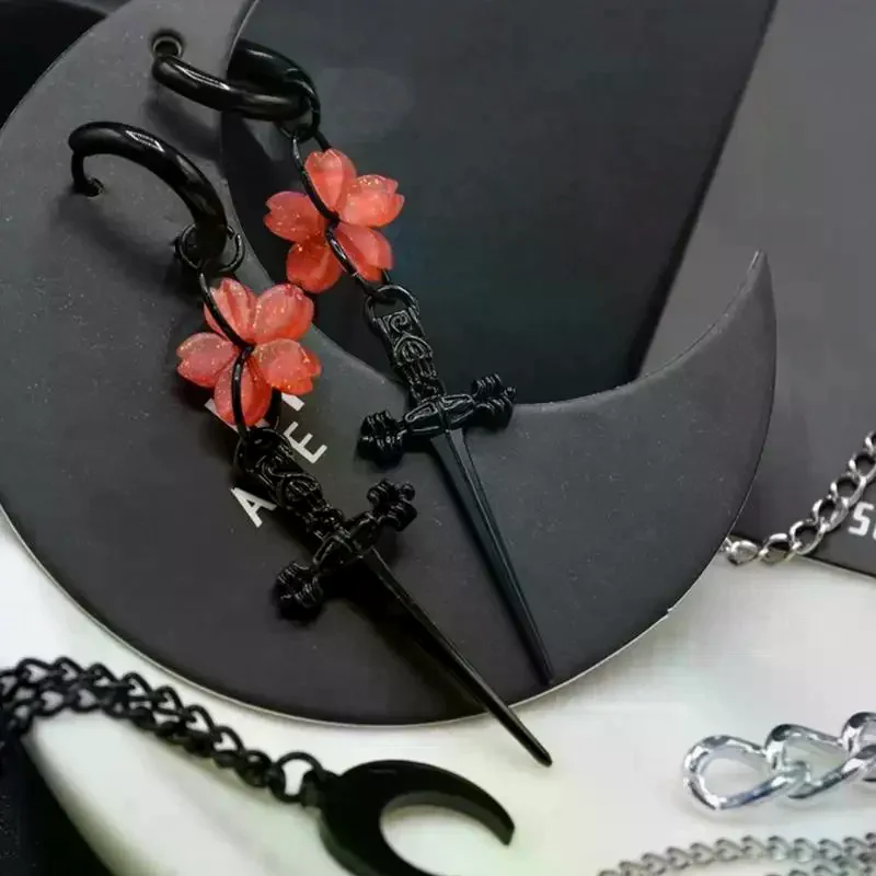 Punk Black Sakura Blade Earrings Gothic Cherry Blossom Sword Pendant Small Hoop Earrings Japanese Jewelry
