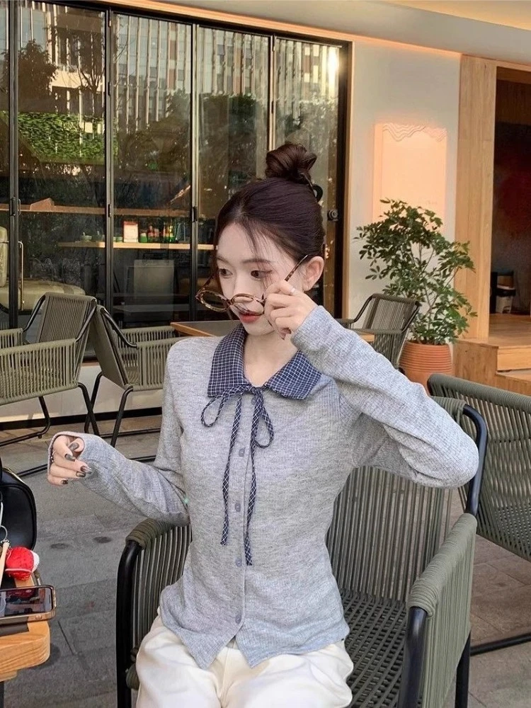 

Women’s Knit Sweater Korean Plaid Patchwork Polo Collar Tie Long Sleeve Slim Fit Elegant Autumn Top Casual Outwear