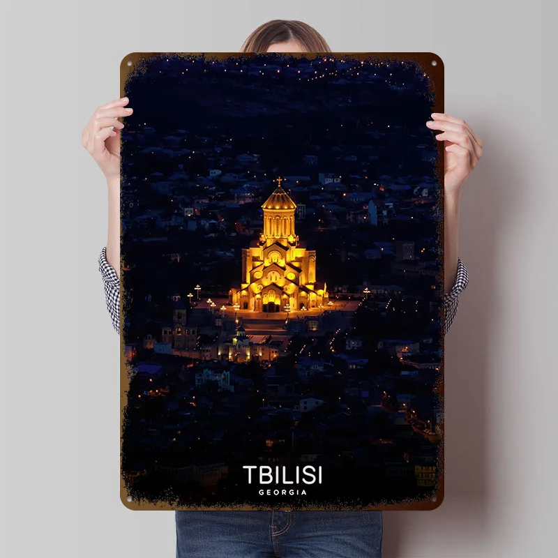 Tbilisi Georgia At Night Metal Poster Custom Wall Art Retro Vintage Tinplate Signs for Man Cave Desk Decor Decoration Gaming