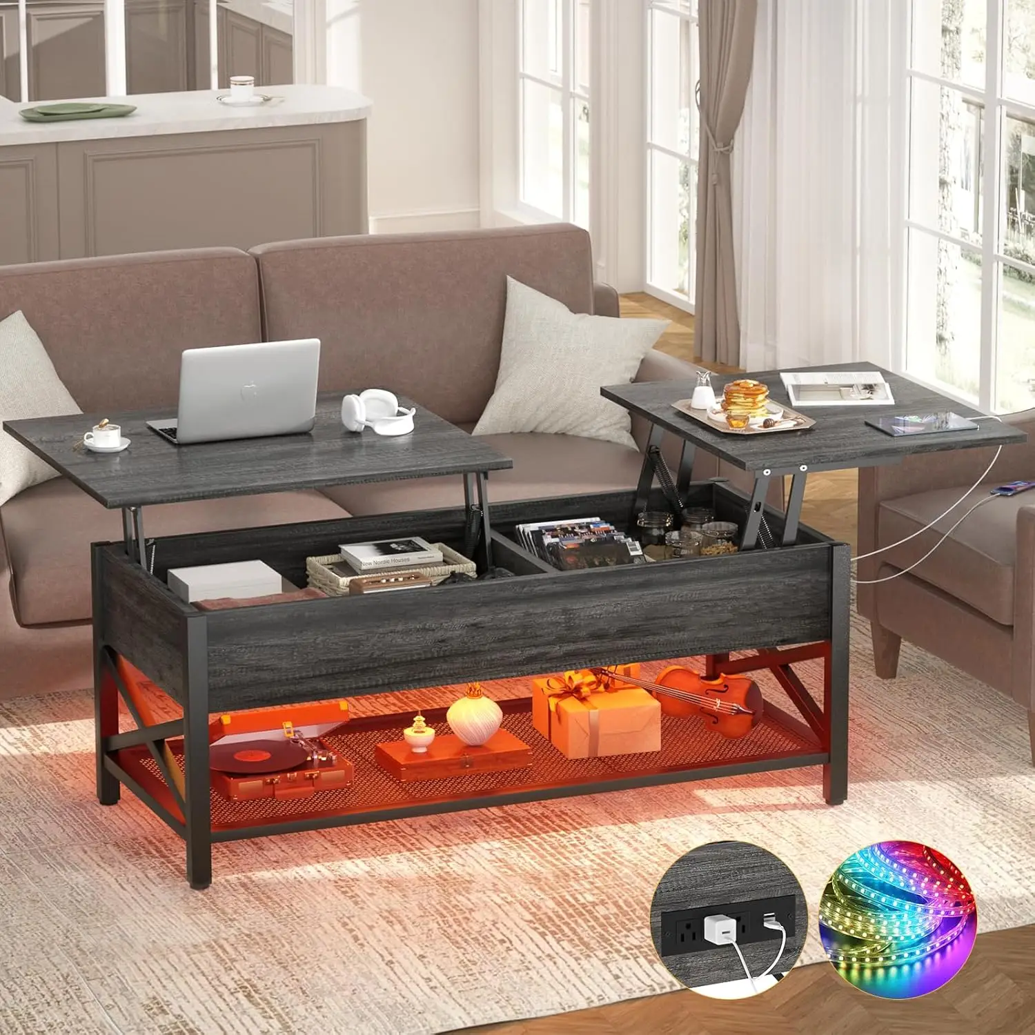 

Modern Lift Top Coffee Table with LED Light, Power Outlet, and Storage Shelf for Living Room