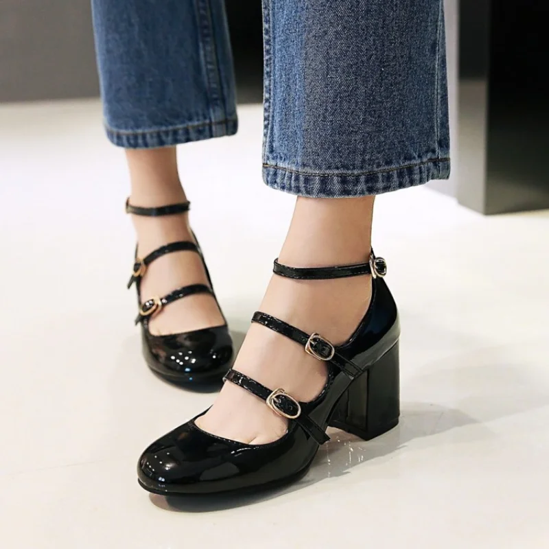 Spring and autumn New style fashion Round head high-heeled Women\'s Shoes Shallow mouth Buckle Thick heel Women Shoes high 7cm