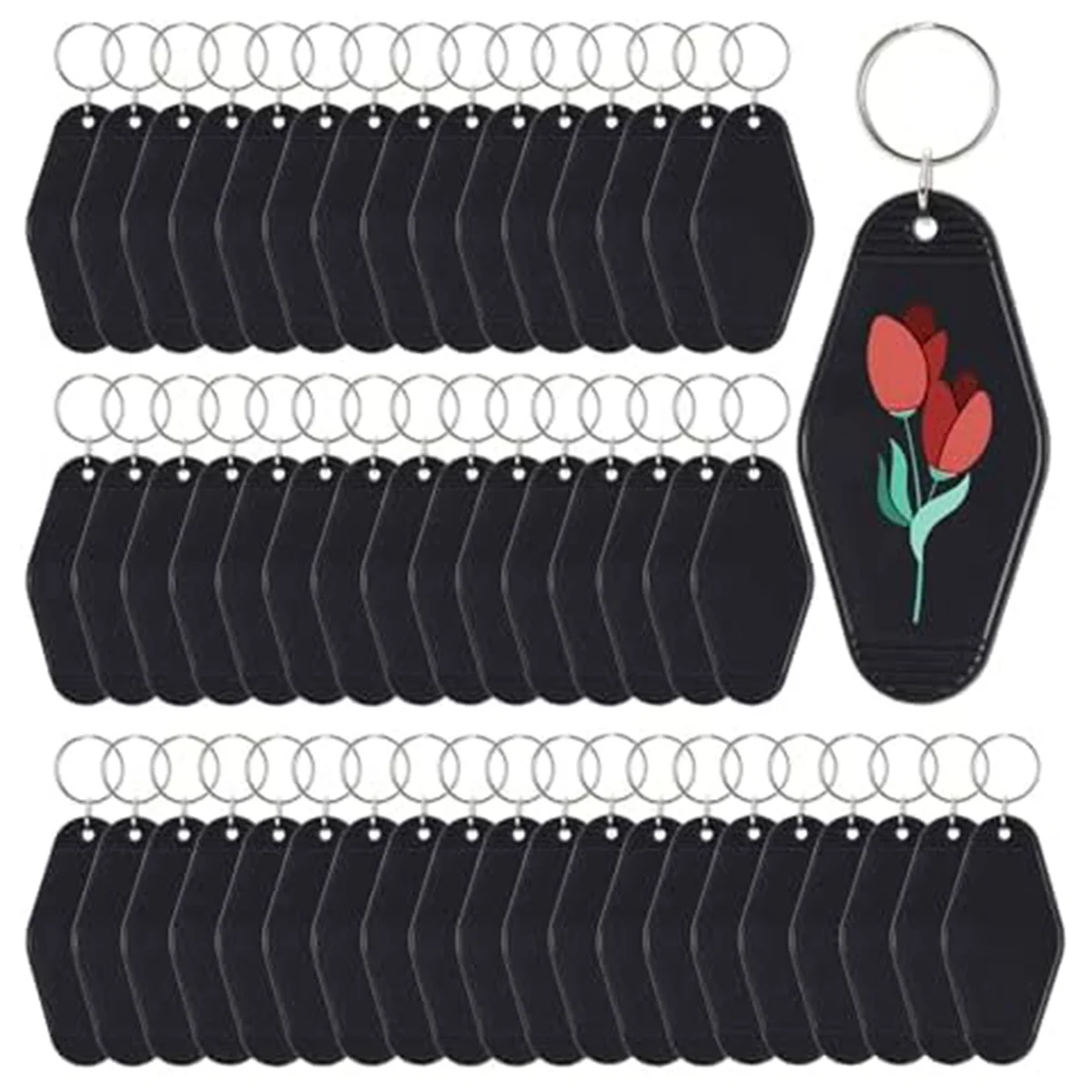 50pcs Blank Motel Keychain Bulk with Key Rings, Black Vintage Hotel Keychains Key Tag for Vinyl DIY Crafts, Black