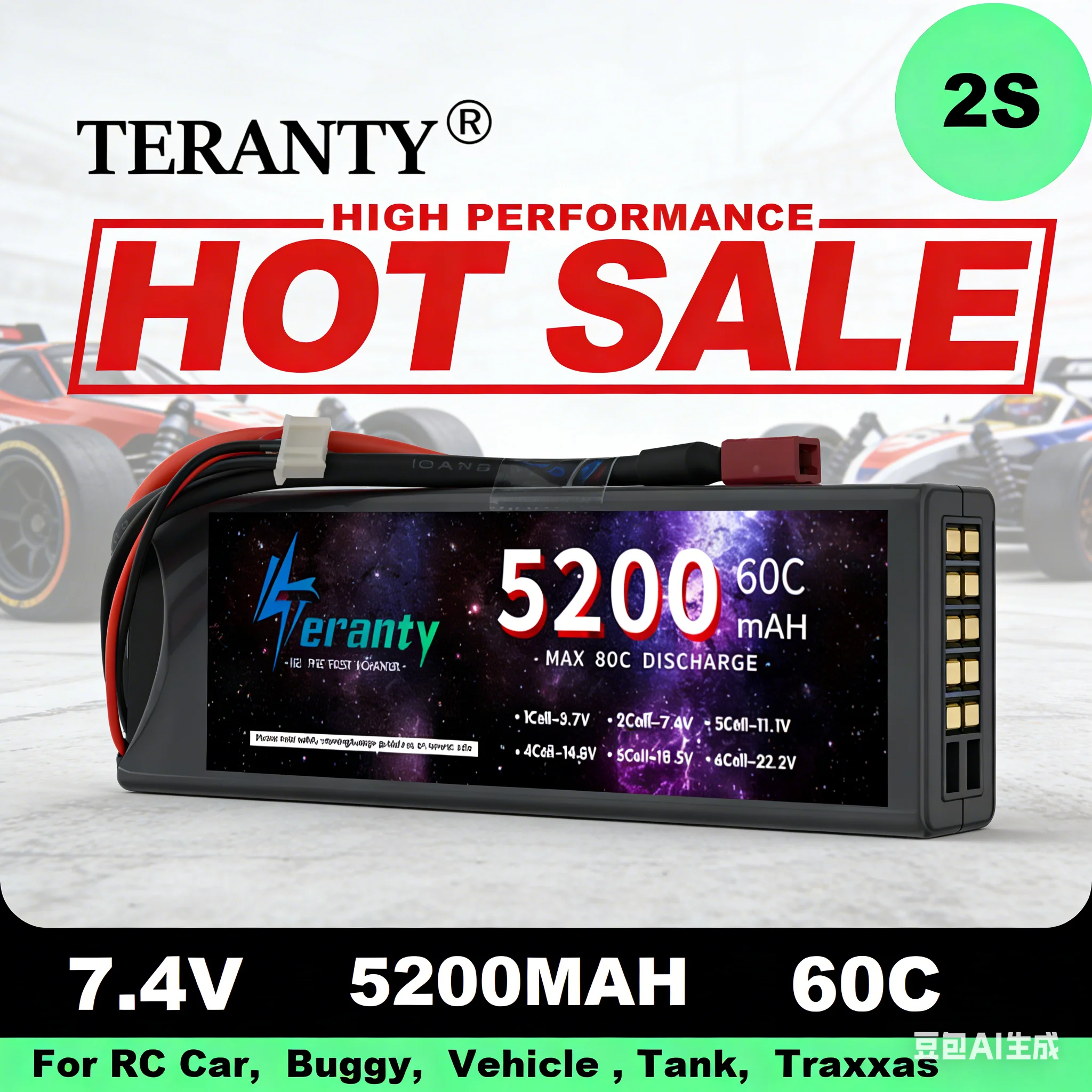 

Tenergy 2S 7.4V 5200mAh 60C Hard Case Lipo Battery, High Burst for RC Car, Truck, Helicopter, Boat, Buggy - Racing Series