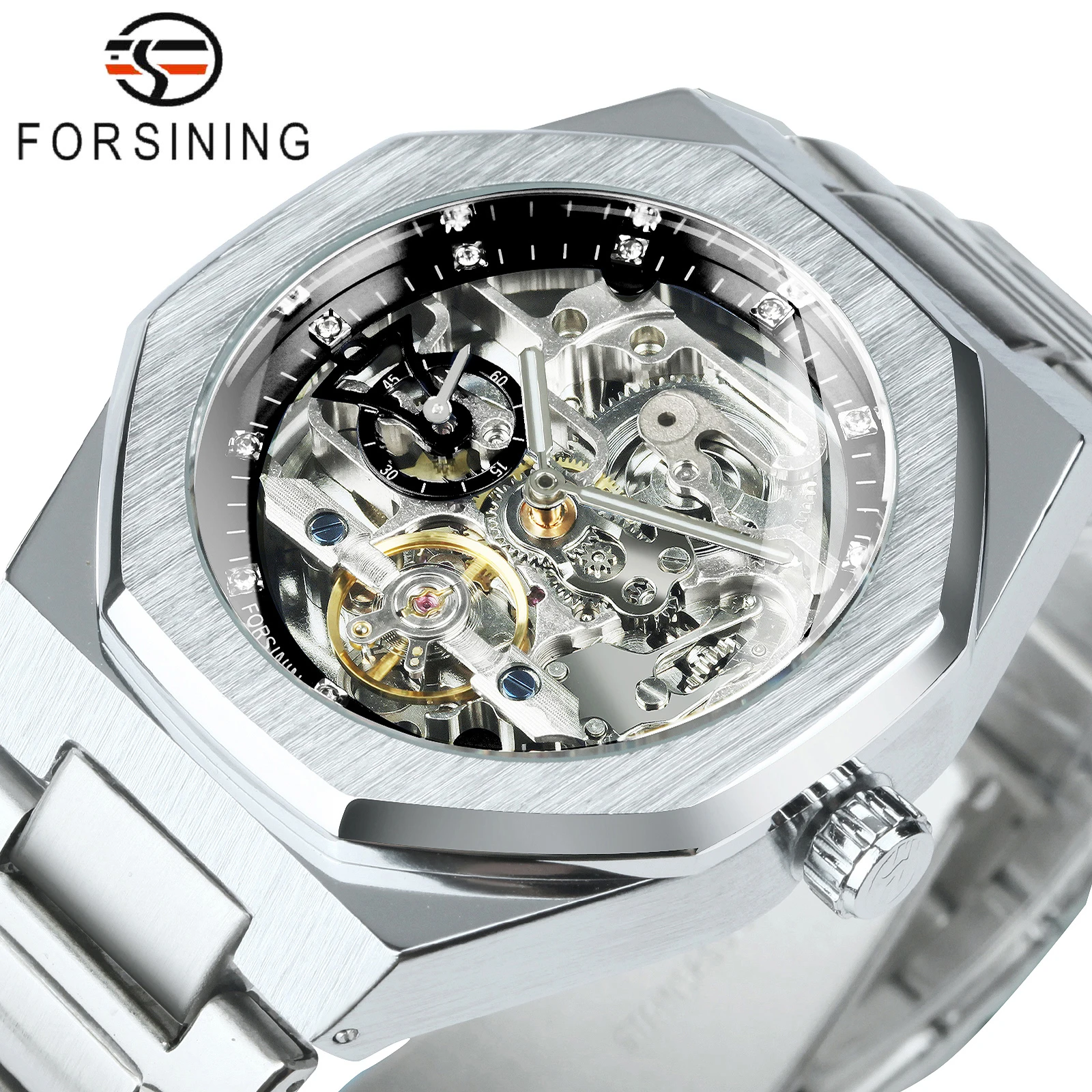 Forsining Tourbillon Skeleton Mechanical Watch for Men Luminous Hands Stainless Steel Strap Fashion Business Automatic Watches