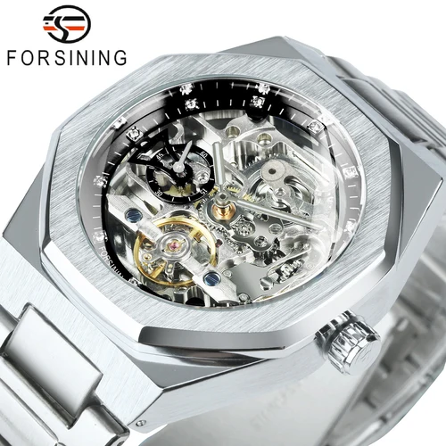 Imagen 1 del producto Reloj Mecánico Forsining Tourbillon esqueleto para hombre manecillas luminosas correa de acero inoxidable relojes automáticos de negocios de moda