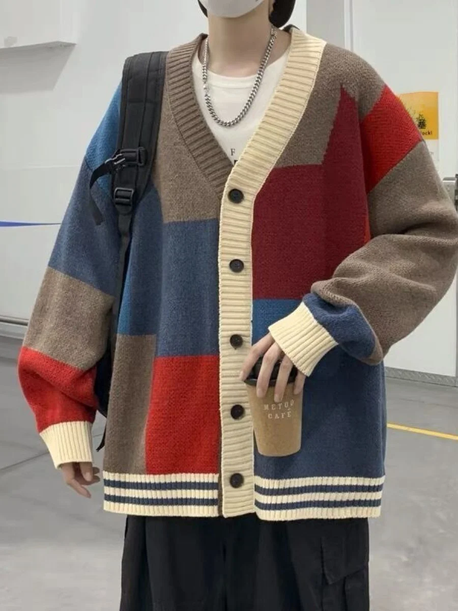 

Мужской вязаный кардиган с V-образным вырезом, свободного кроя, весна-осень, модный, универсальный, для пар, в стиле Хонконг, с цветовыми блоками