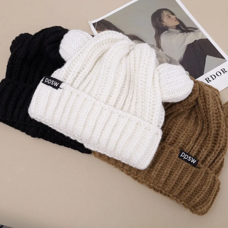 Bear Ear Solid Color Knitted Hat Soft Plush Thicken Outdoor Ear Protection For Warmth Hat Women Autumn Winter Fashion Cute Cap