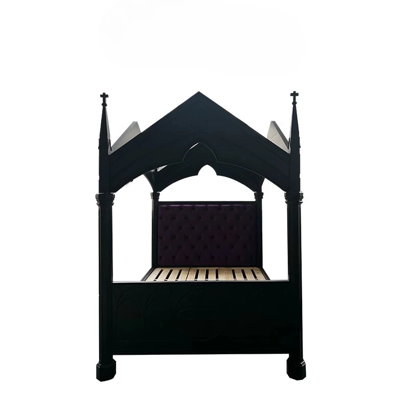 Black solid wood wedding bed medieval carved double bed old master bedroom bed customization