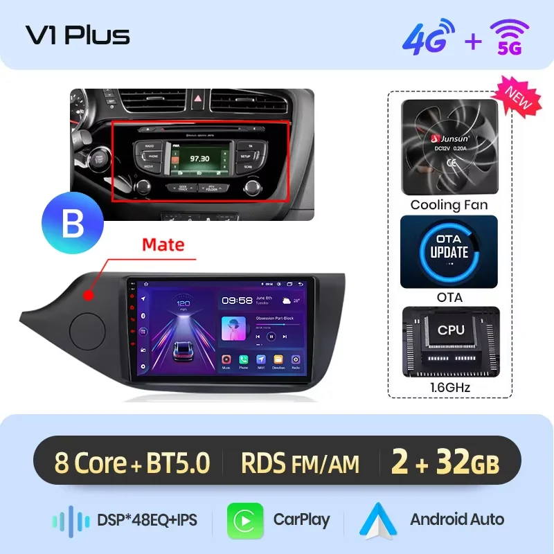 Junsun draadloze CarPlay Android Auto autoradio voor Kia Ceed Mk2 (JD) 2012-2018 met ingebouwde koelventilator, Android GPS navigatie, multimediaspeler, WiFi, DSP, RDS, BT, SWC, IPS touchscreen,
