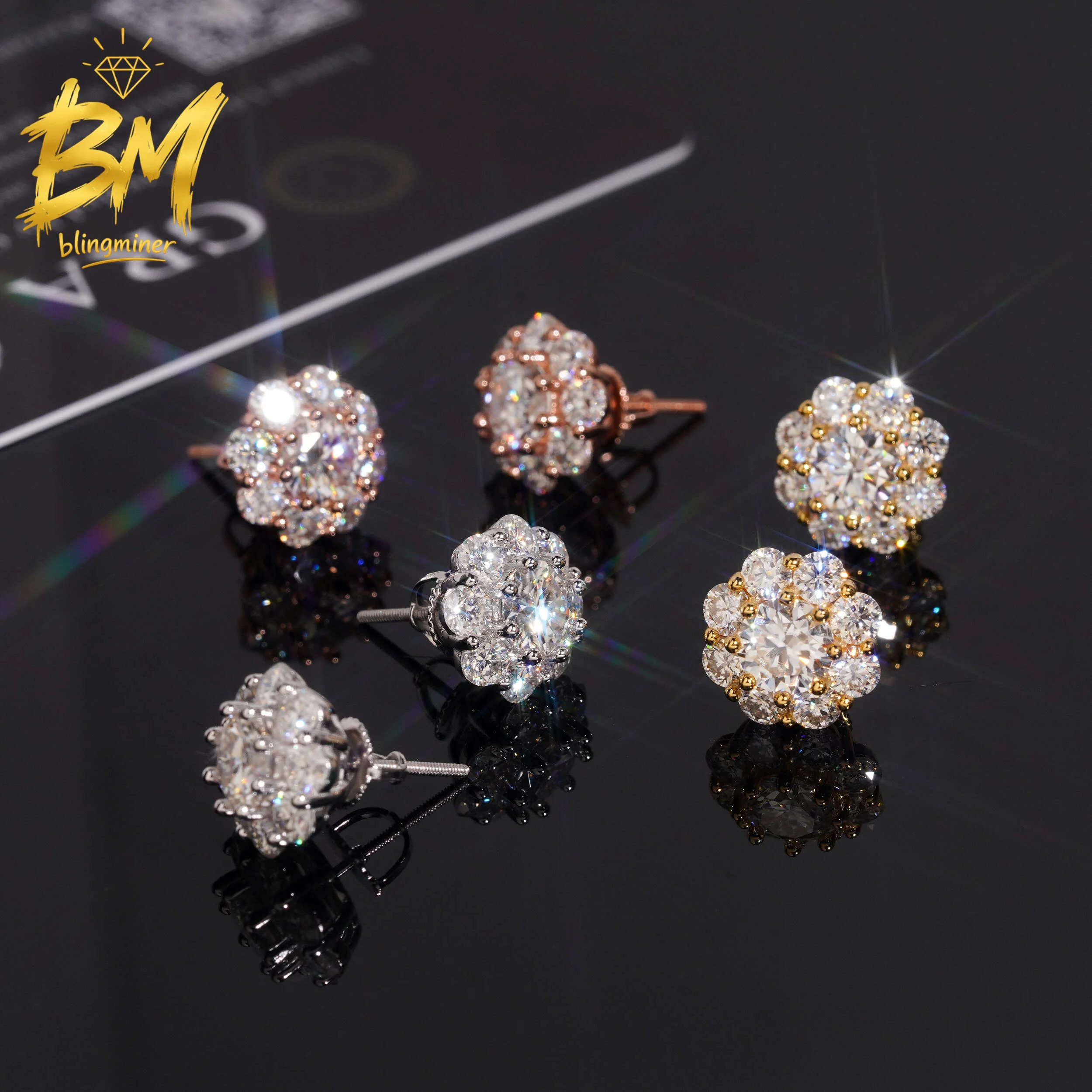 Blingminer New Arrival 12mm Flower VVS Moissanite Earrings For Men Women S925 Silver Ear Studs Jewelry Pass Diamonds Tester GRA