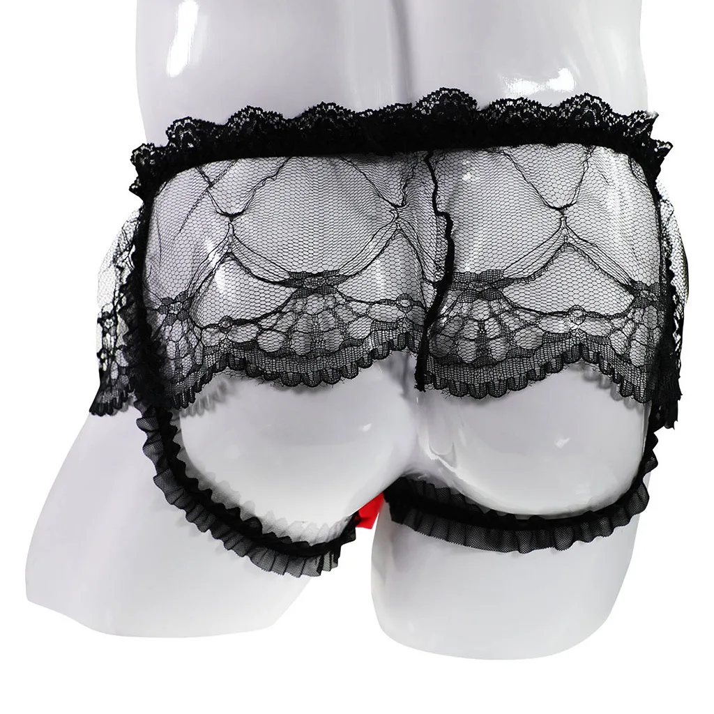 High Waist Sissy Gay Thong G-string Sexy Men Underwear Panties With Transparent  Lace Skirt 1188