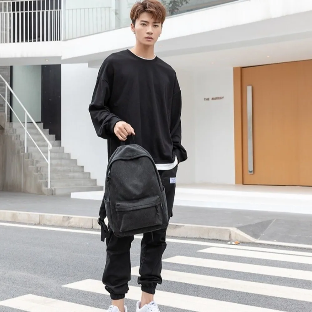 Casual Black Canvas Backpack Large Capacity Multi-Compartment Students School Bag Travel Daypack Outdoor Sports