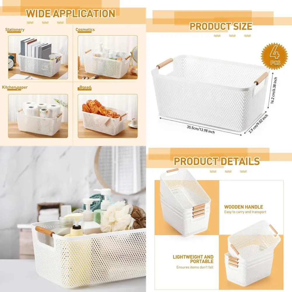 

Большие белые пластиковые сетчатые корзины с деревянными ручками для кухни, кладовой и организации хранения