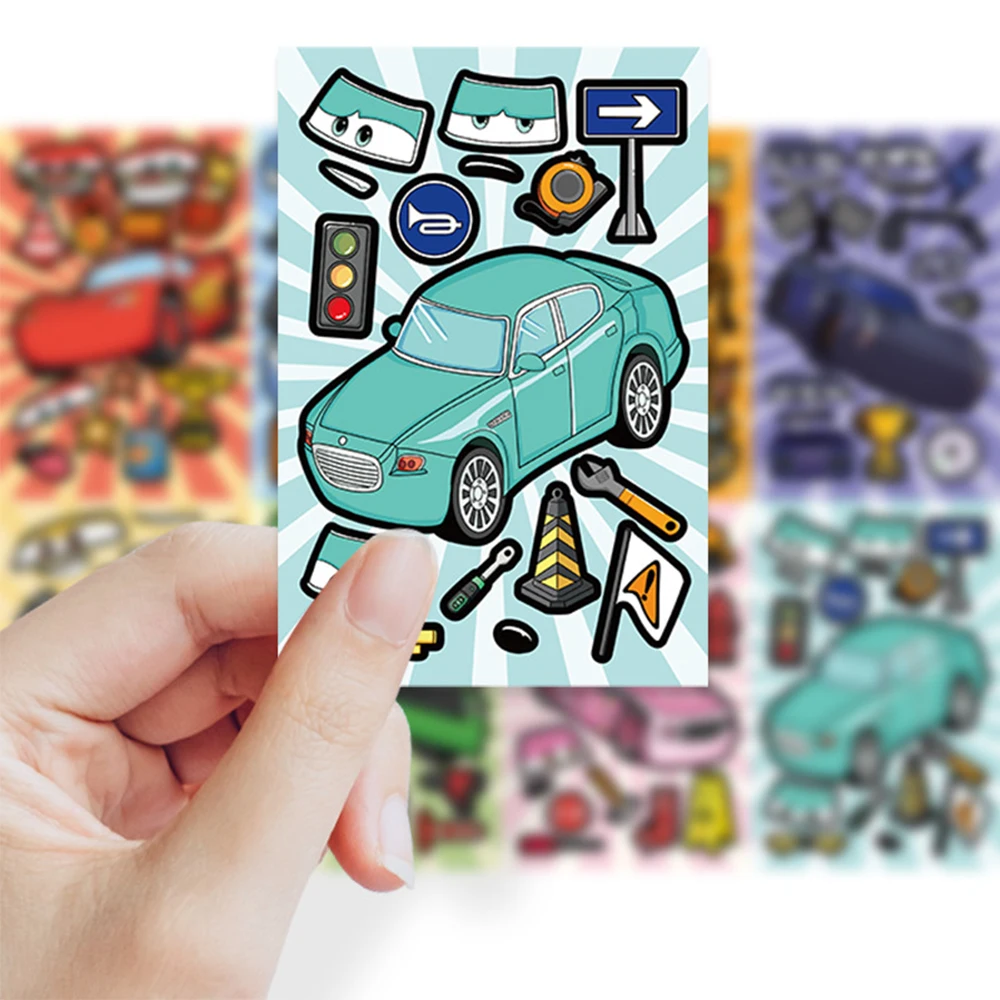 

8/16sheets Disney Cars Lightning McQueen Puzzle Stickers Cute Cartoon Anime Make a Face DIY Assemble Jigsaw Educational Decals