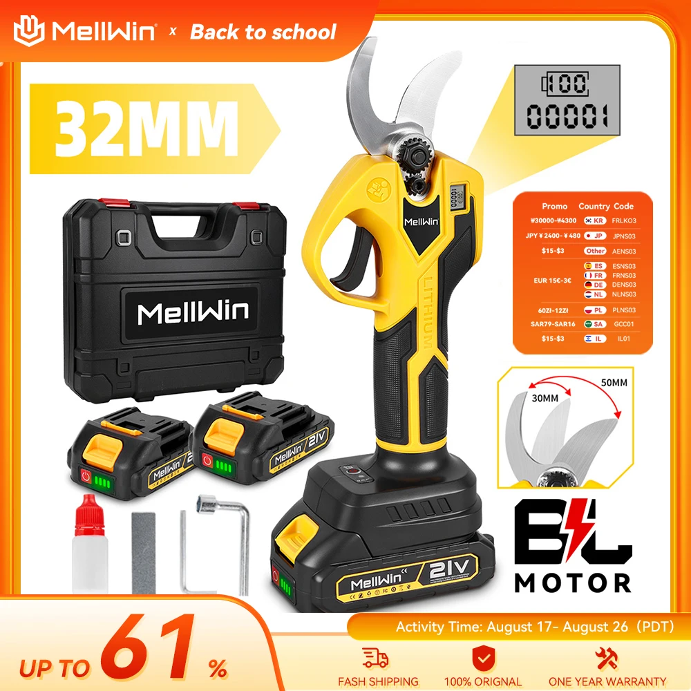 MELLWIN Electric Pruner Shear 32mm Brushless Fruit Tree Bonsai Cordless Pruning Scissors Power Tool for Makita 18V Battery Pin