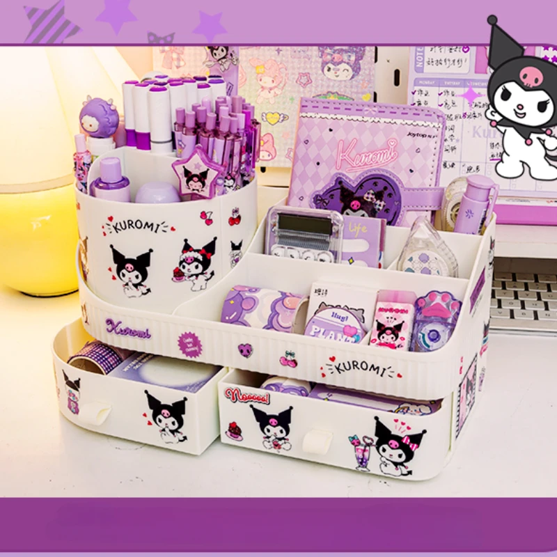 Porte-stylo rotatif Kawaii Sanurgente Kuromi, boîte de rangement, grande capacité, bureau mignon, rangement multifonctionnel T1