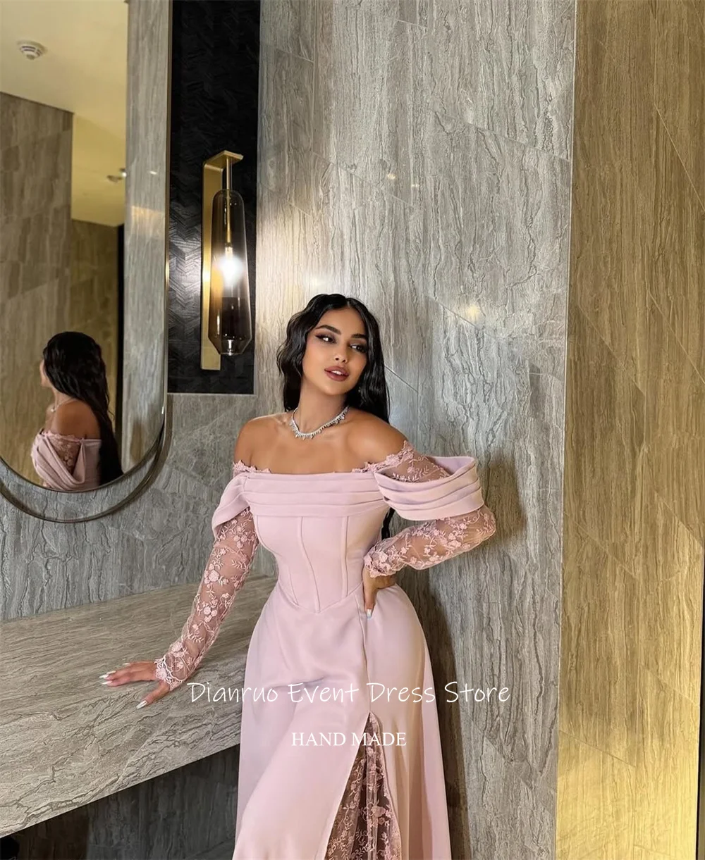 Dianruo ロマンチックなピンクオフショルダーイブニングドレスサテンレースパーティードレスイリュージョン非対称サウジアラビアカスタマイズ