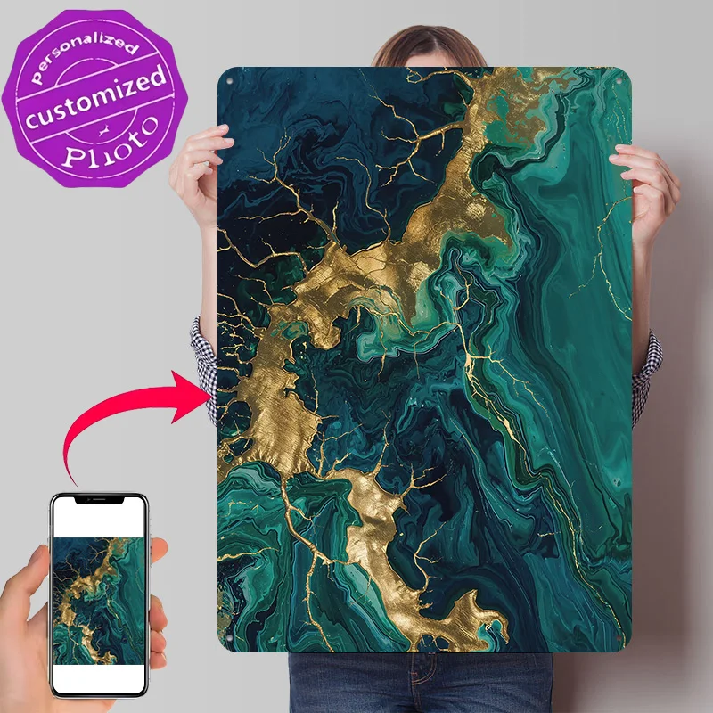 Abstract Teal and Gold Marble Texture 3D Printed Texture Poster Personalized Wall Art Retro Metal Tin Signs for Home Decor Items