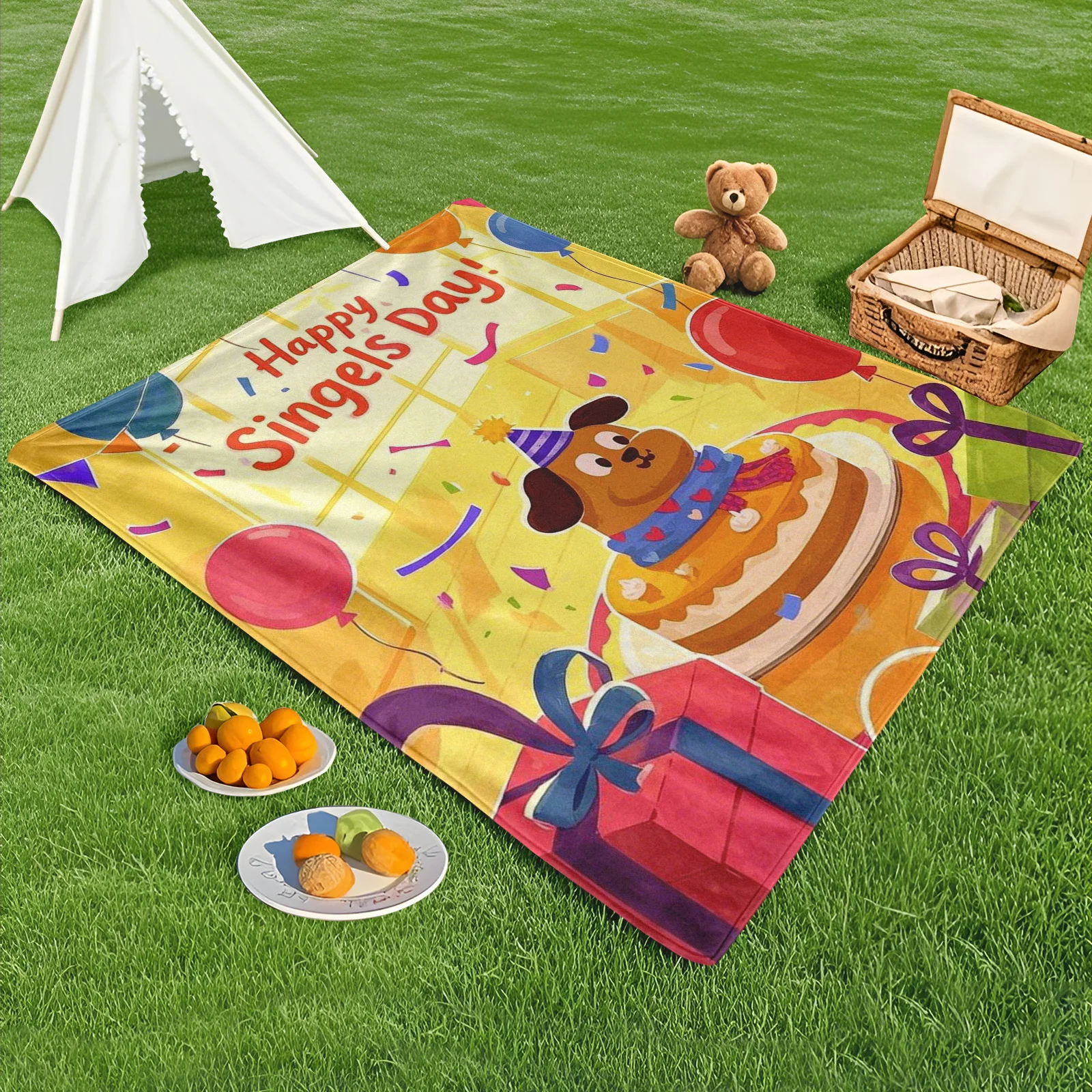 Cartoon Party With Cake Design Outdoor Blanket For Camping Picnic And Nature Adventures With